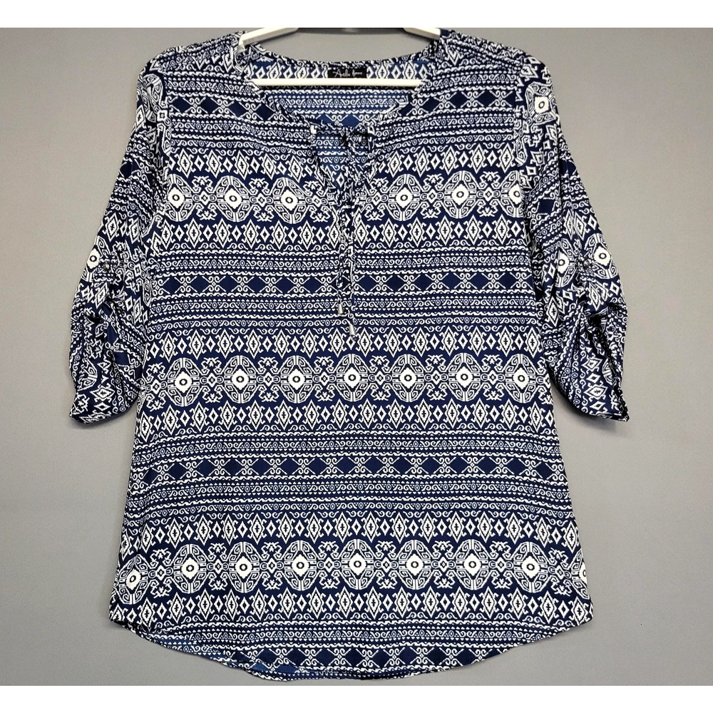 Antila Femme Shirt Womens Medium Navy White Ikat Split Neck Tunic 3/4 Roll Tab